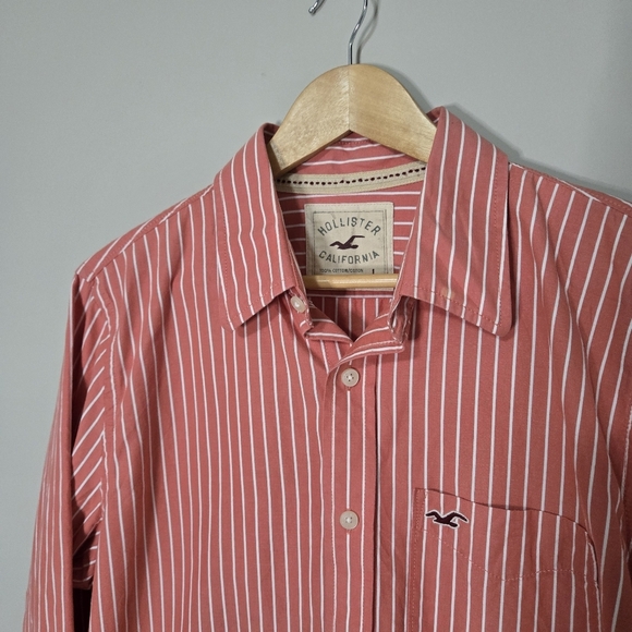 Hollister Cal. Men's Salmon Color 💯 Cotton Striped Button Up Long Sleeve Shirt - Picture 3 of 12